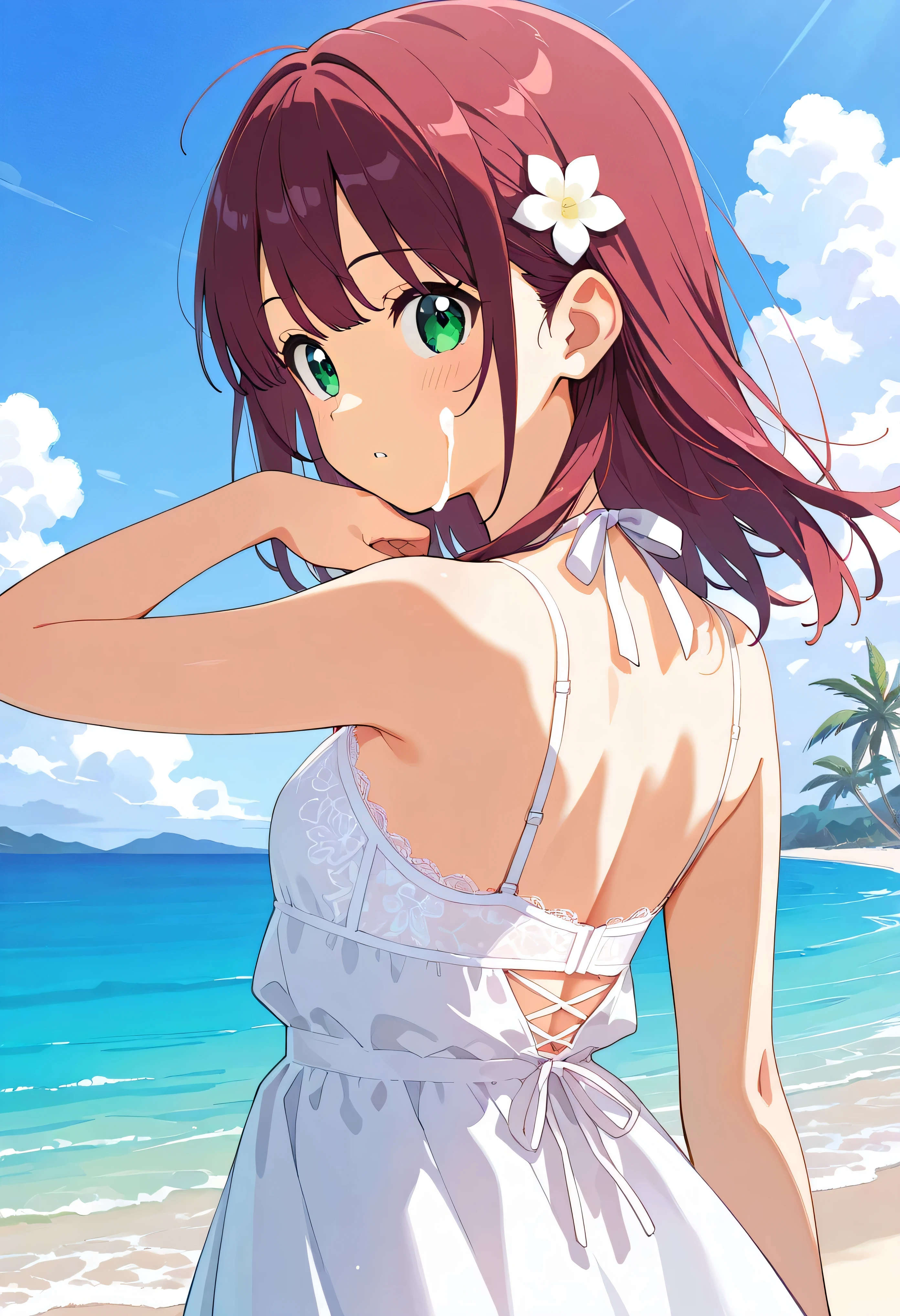 masterpiece, best quality, score_9, score_8_up, score_7_up, source anime, perfect ???????, rating safe, absurdity, 1girl, beach, sand, white bikini, sunglass on head, lying, on side, burgundy hair, wet hair, green eyes,