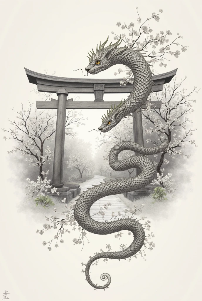 a sketch drawing of a Japanese oriental dragon, flying in an oriental temple with cherry trees around and a tip with a river below. the background must be white and the lines black.