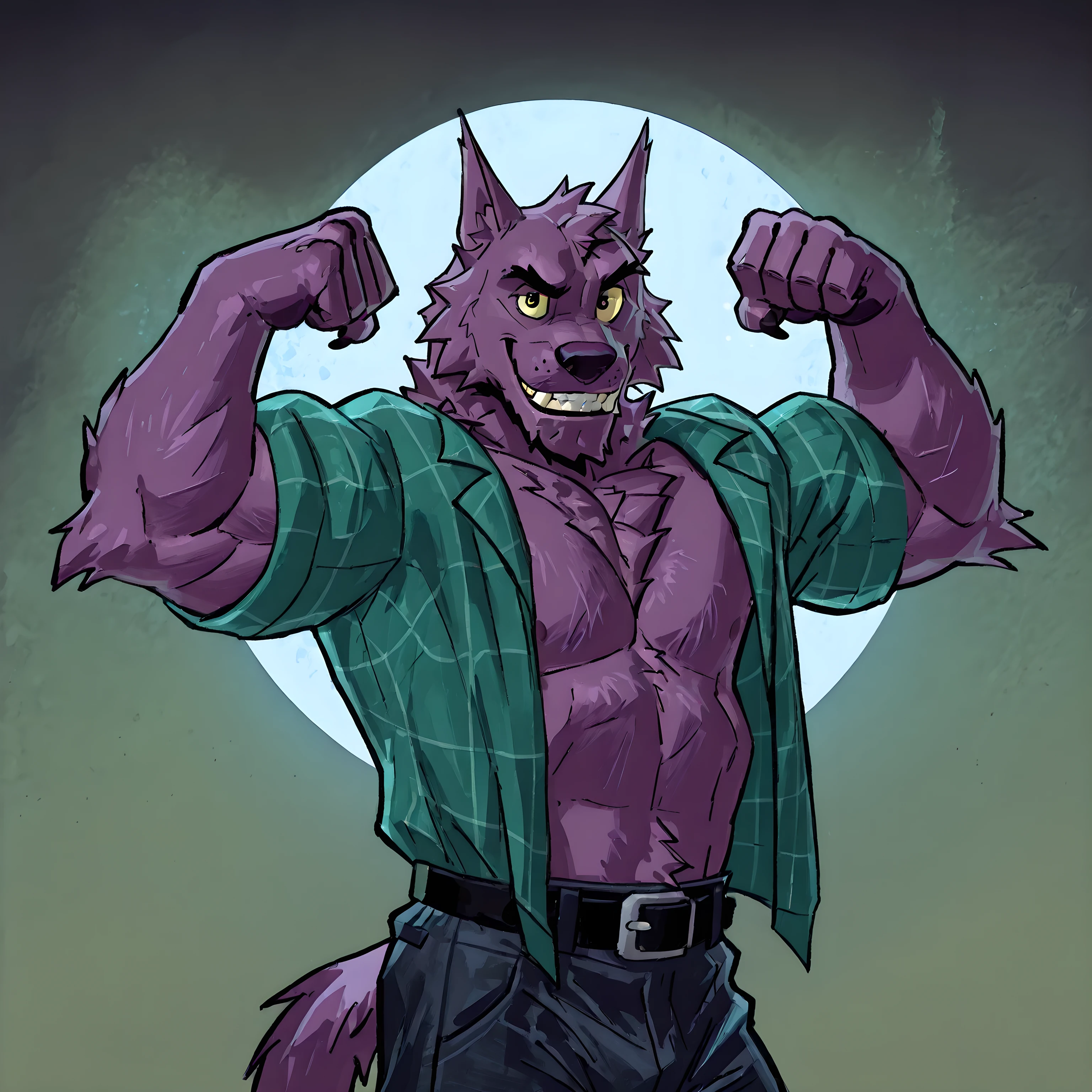Bernard, Bernard_Mettle, werewolf, purple fur, yellow sclera, teal flannel shirt, furry chest, black belt, dark blue pants, open shirt, muscular, flexing, grin, proud, strong, night background, half body, t4r4nf1dd13r, looking at viewer