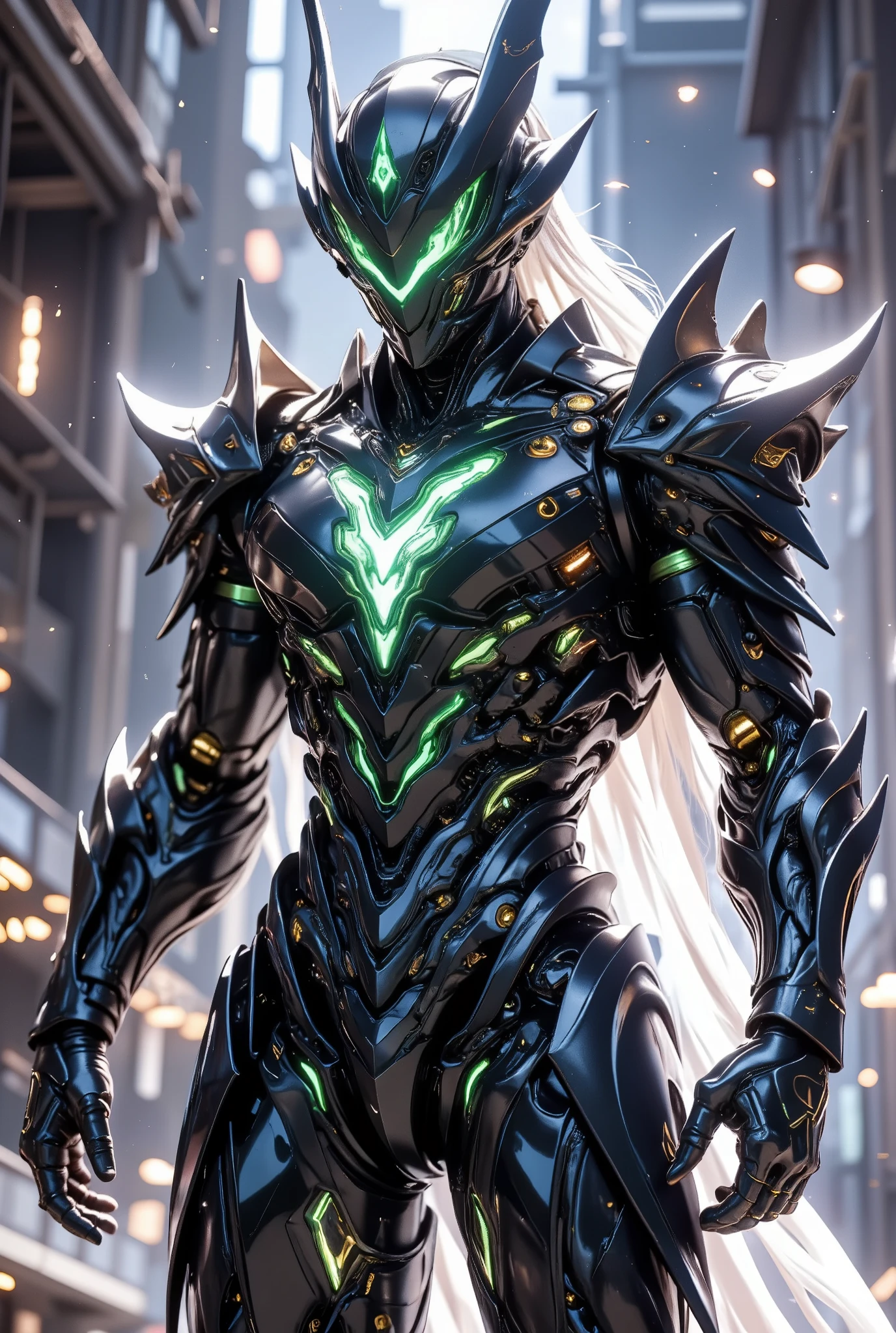 Design a highly detailed image of an advanced black vibranium alien armor with human muscle pattern design on armour, designed for a futuristic muscular male warrior. The armor should feature sleek, aerodynamic lines and an intricate pattern that suggests advanced technology. Include retractable mechanical wings that are seamlessly integrated into the armor's design, showcasing their ability to extend and retract gracefully. The armor should have a glossy, reflective surface with glowing accents in an otherworldly color, emphasizing its alien origin. The color palette should be a mix of deep space blues, iridescent greens, and metallic black. Include intricate details like alien glyphs, energy conduits, and an otherworldly texture that suggests both strength and grace. The background should depict a sci-fi landscape, enhancing the futuristic atmosphere of the scene.