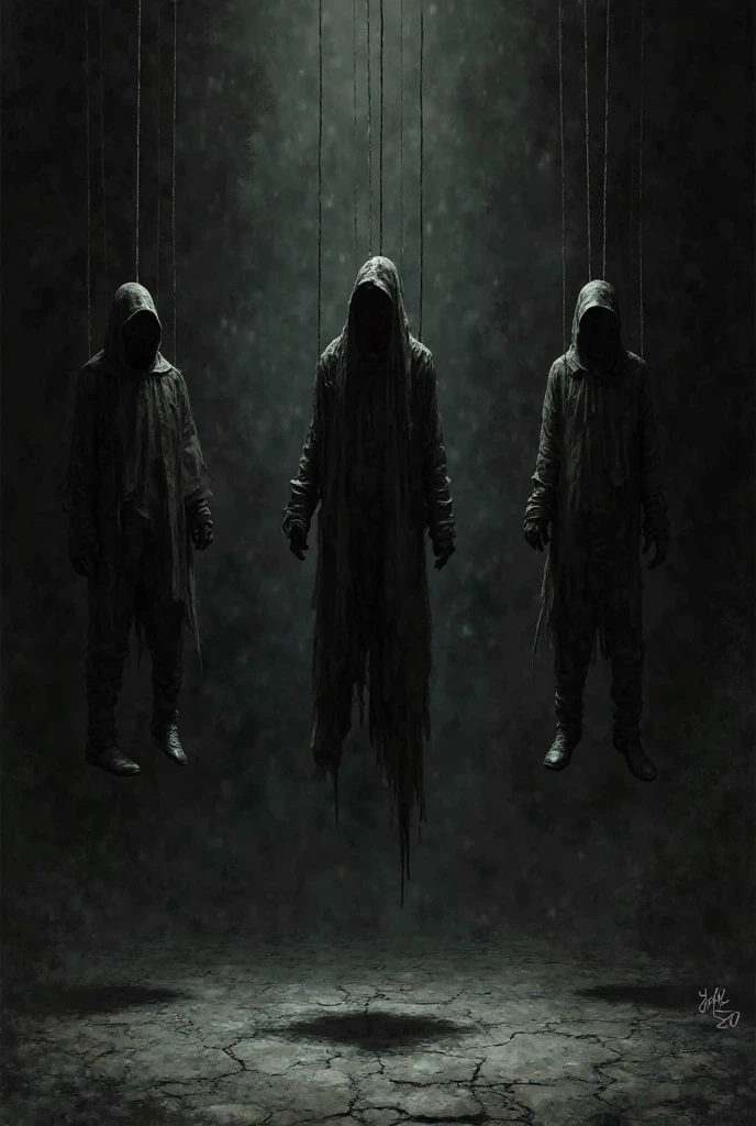 A realistic dark image of a group of men braking out of chains