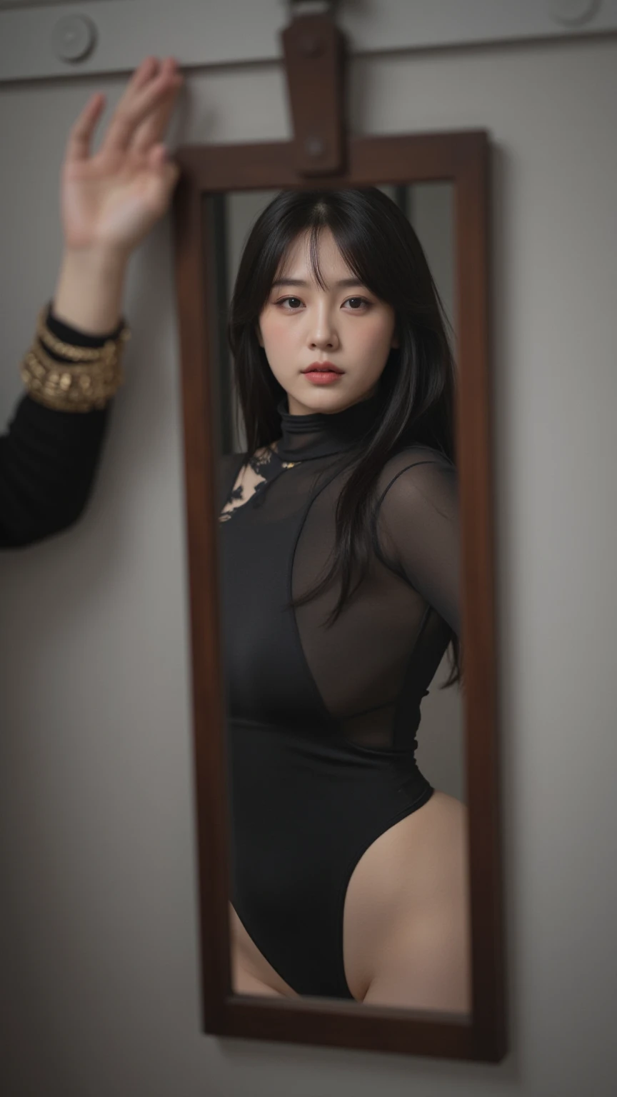 (masterpiece, best quality), 1girl, dark hair, long hair, bangs, slim, dark skinned, makeup, eyeshadow, (wide hips, thick thighs), looking at viewer, (dress shirt, skirt), (masterpiece), (best quality:1.2), absurdres, intricate details, (Erotic face)