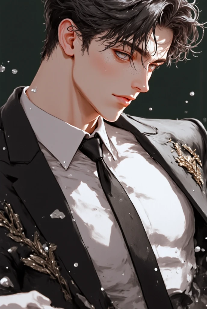 (masterpiece), (best quality), 1man, solo, male, middle part hair, black hair, dreamy eyes, smiles, chiseled jawline, muscular, modern student, modern uniform, arrogant, confident, playful, unbothered, mighty, classroom background, forehead, majestic, aesthetic, ethereal, handsome, tall, stunning, detailed eyes, young adult face, magnificent background, (1men), detailed(light and shadow), light effects, cinematic camera angles, gentlemen, gentle, elegant, detailed light and shadow, cinematic scenery, (1person), (solo men), (short hair), young man, 18 years old, (exquisite art), rich, luxurious, (Vibrant colors with subtle gradients), (Expressive character designs), studying, studying in class
