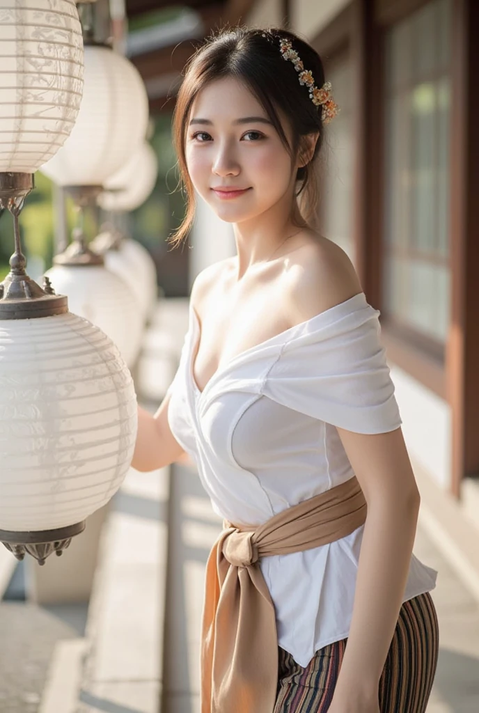 The photo depicts a young woman standing in front of traditional architectural structures. She is dressed in a stylish combination of modern and traditional attire. The woman is wearing a white strapless top that accentuates her shoulders and upper body, paired with a patterned sarong-like skirt, which features intricate designs in shades of brown, white, and black. She also has a light, sheer shawl draped over her arms, adding an elegant touch to her outfit. Her hair is styled in a neat updo, and she has a serene, confident expression on her face. The background is slightly blurred, with a few indistinct figures and traditional wooden buildings, suggesting the photo was taken in a culturally significant location.huge Bearsts, sexy poses