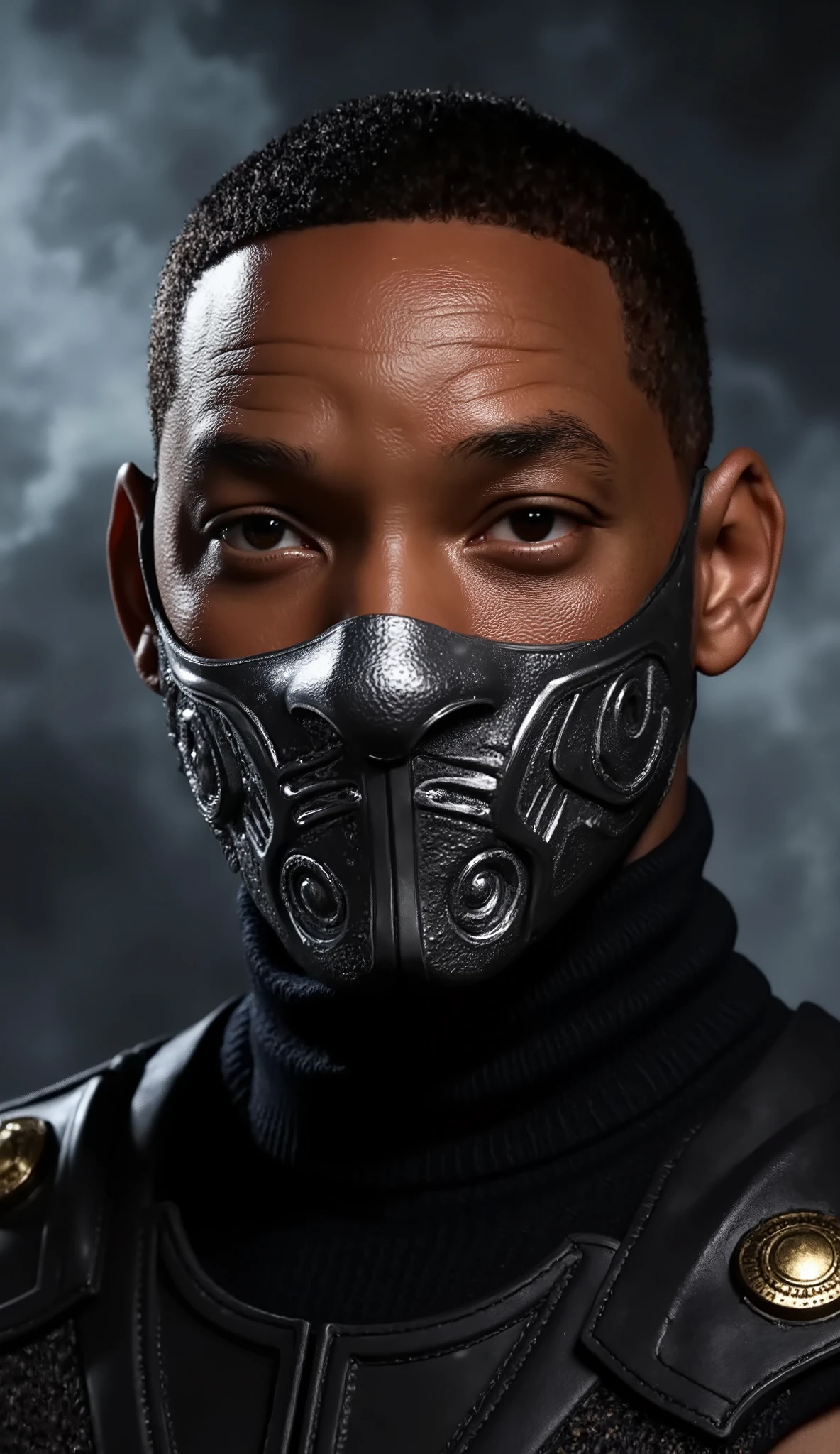  Here is a detailed prompt to generate an image  ** super realistic** do Will Smith como **Noob Saibot**, focused **only on the face**, with a very detailed and shiny metallic black mask, and an impactful background:  

---  
**"hyper-realistic Close-up of Will Smith's face like Noob Saibot, at the dark and mysterious spectrum of * mortal kombat*. He has a cold and merciless expression, with penetrating eyes that transmit an aura of darkness and power. His black metallic mask covers part of the face, with intricate details and brilliant reflections that highlight the shimmering material. The mask is adorned with geometric patterns and small silver ornaments that complement your look.  The lighting is dramatic ,  with undulating shades of black and silver , creating strong contrasts between light and shadow. The background is a realistic and dark setting, with cold lights, dense smoke and elements of a dark abyss, adding an intense and enveloping atmosphere."**  
---  

**Extra details for realism:**  
- **mask:** Highly detailed design,  with metallic reflections , geometric patterns and shiny silver ornaments.  
- ** Expression:** Cold and merciless look, conveying the dark and powerful essence of Noob Saibot.  
- **Bottom:** Hyper-detailed textures in smoke and the elements of the dark abyss.  

This prompt combines iconic elements of Noob Saibot with Will Smith's unique look, ensuring a cinematic and immersive result! 🔥
