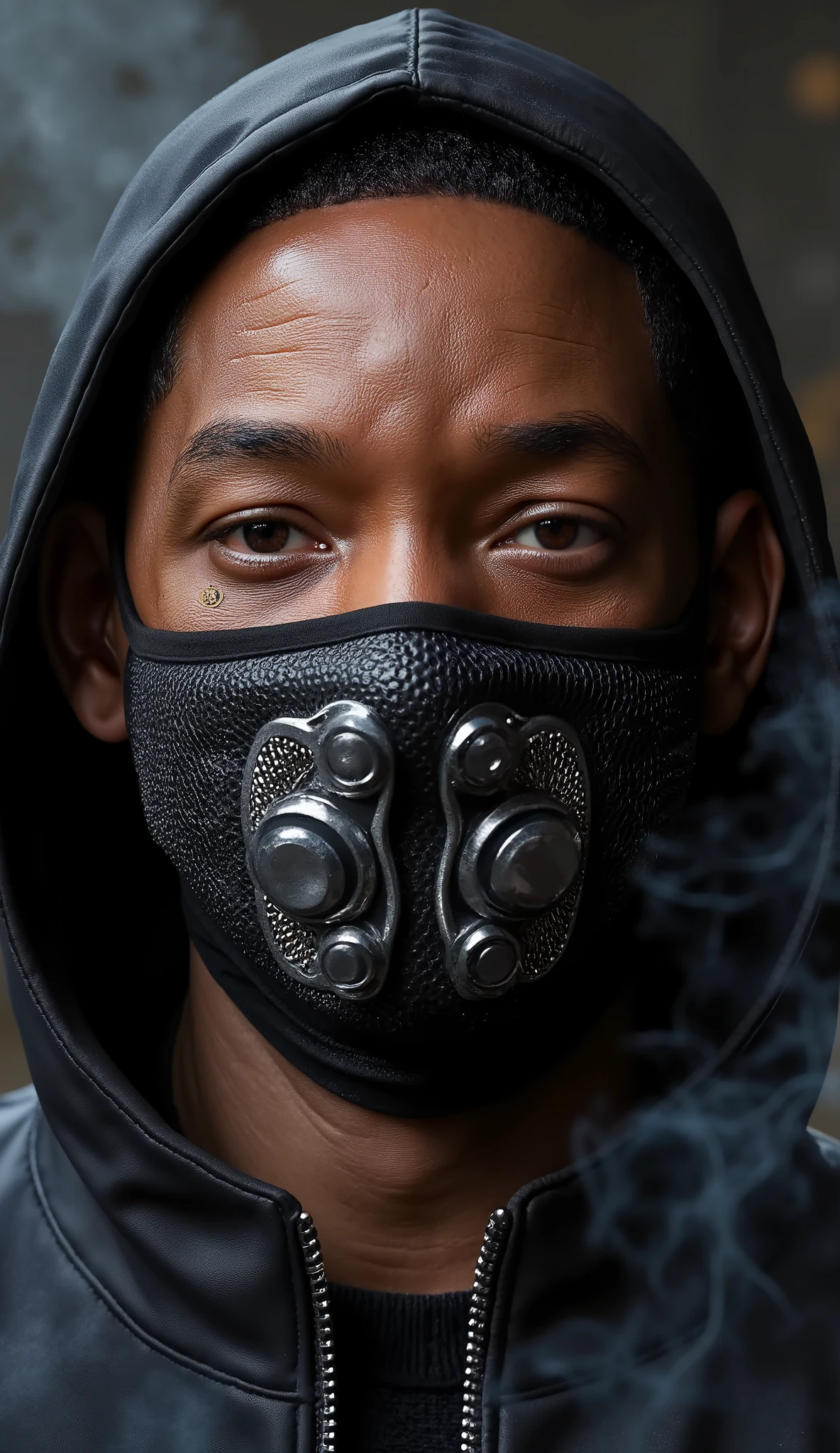Here is a detailed prompt to generate an image ** super realistic** do Will Smith como **Noob Saibot**, focused **only on the face**, with a very detailed and shiny metallic black mask, and an impactful background:
---
**"hyper-realistic Close-up of Will Smith's face like Noob Saibot, at the dark and mysterious spectrum of * mortal kombat*. He has a cold and merciless expression, with penetrating eyes that transmit an aura of darkness and power. His black metallic mask covers part of the face, with intricate details and brilliant reflections that highlight the shimmering material. The mask is adorned with geometric patterns and small silver ornaments that complement your look. The lighting is dramatic , with undulating shades of black and silver , creating strong contrasts between light and shadow. The background is a realistic and dark setting, with cold lights, dense smoke and elements of a dark abyss, adding an intense and enveloping atmosphere."**
---
**Extra details for realism:**
- **mask:** Highly detailed design, with metallic reflections , geometric patterns and shiny silver ornaments.
- ** Expression:** Cold and merciless look, conveying the dark and powerful essence of Noob Saibot.
- **Bottom:** Hyper-detailed textures in smoke and the elements of the dark abyss.
This prompt combines iconic elements of Noob Saibot with Will Smith's unique look, ensuring a cinematic and immersive result! 🔥