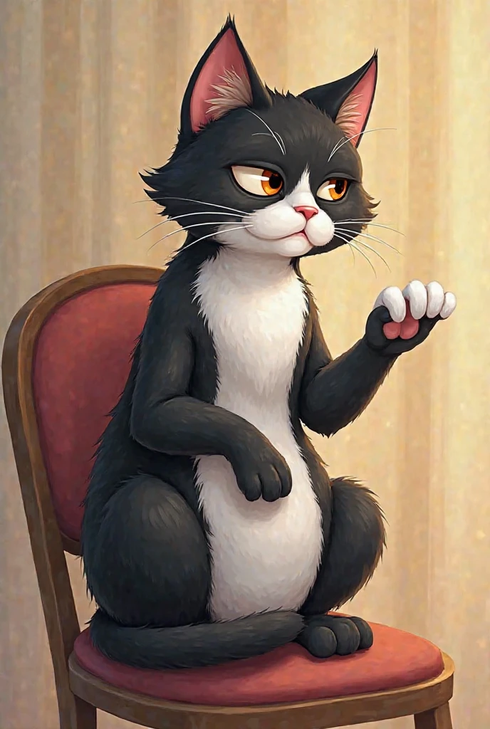 cartoon cat , Black and white, humanized , realistic with indifference on his face sits on a chair, the hind legs are thrown one over the other, hang from a chair,like a girl , examines his claws on one paw, like a girl , bent in incense , towards you . Sits profile with the author