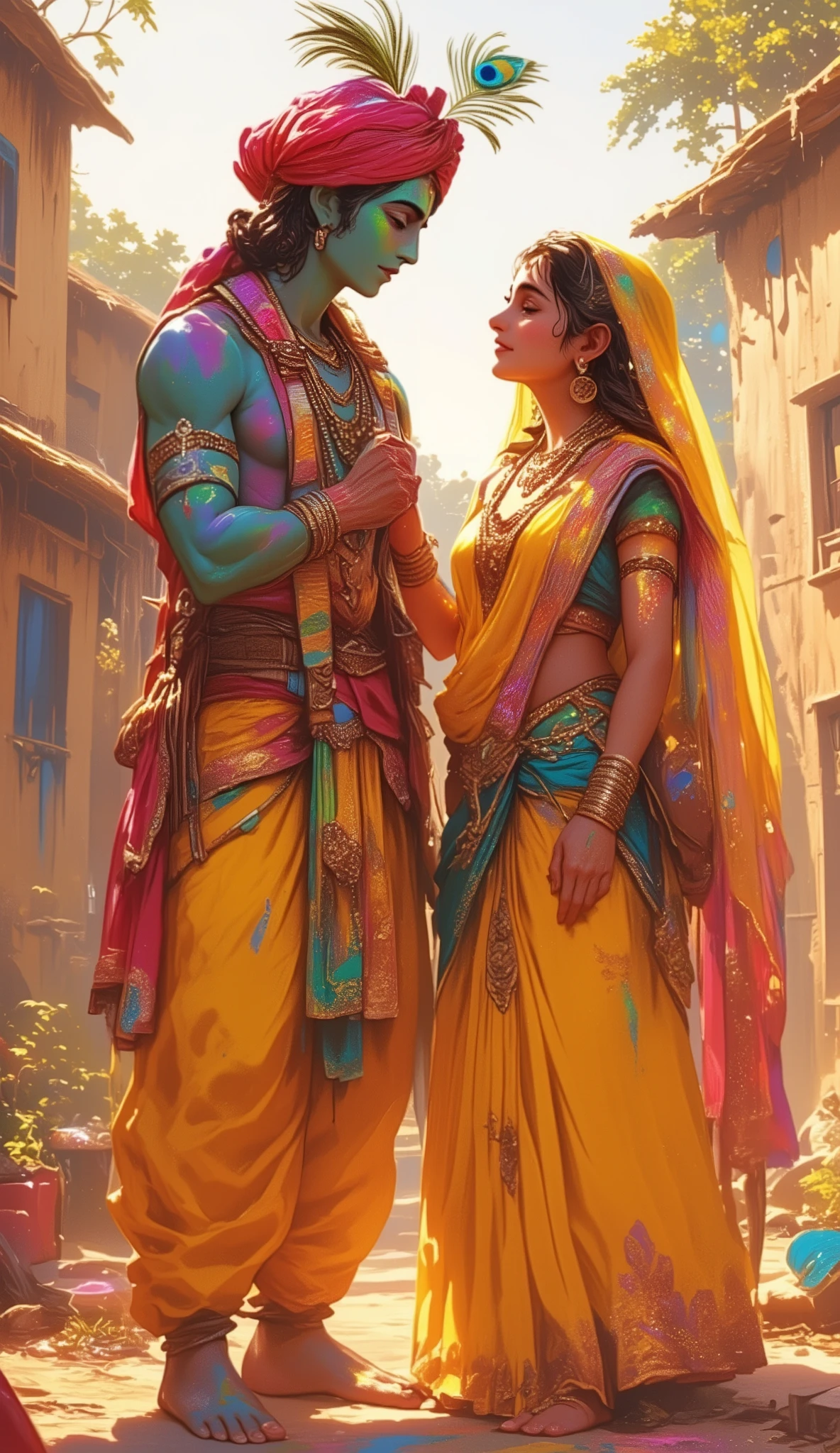 Create an image of Lord Krishna and his wife Radha. Lord Krishna is wearing a yellow dhoti and a turban on his head. There is a peacock feather in the red turban. His wife Radha is wearing a hair coloured lehenga blouse. Both are applying Holi colours to each other. There should be mud houses in the background, like an old Indian village.