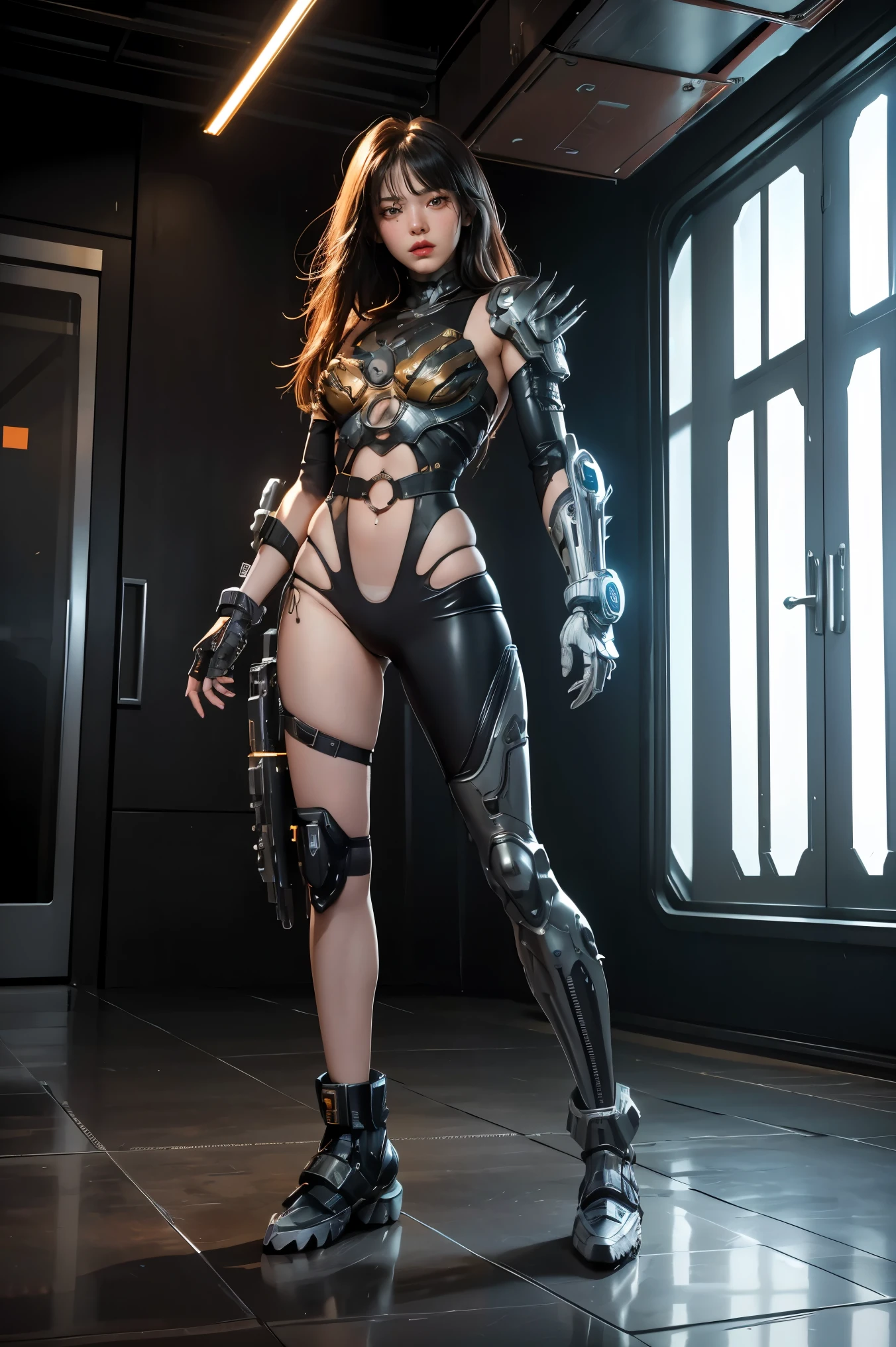 1girl, solo, wearing a mechanical suit, Mechanical wonder, Cyberpunk, Cybernetic Guardian, futuristic armor, full body, front pose, symmetry, intricate (steel metal [rust]), joints, warframe style, cyborg, male body and armor, Chainsaw Man 