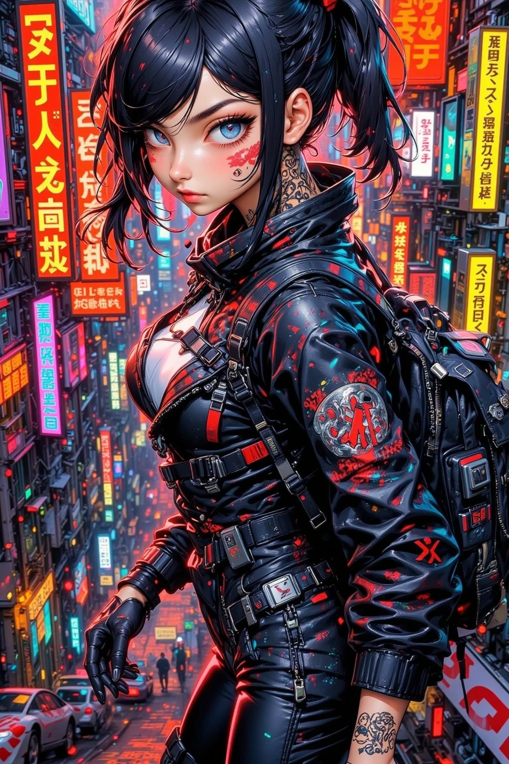 (finely detailed beautiful eyes and detailed face,masterpiece sidelighting,masterpiece,best quality,detailed,high resolution illustration),
(urban techwear, cybernetic background, sunny city),
(1girl,whole body,bishoujo,lustrous skin,looking down,looking at viewer),
(black hair,red eyes,short skirt,ribbon,button shirt)
