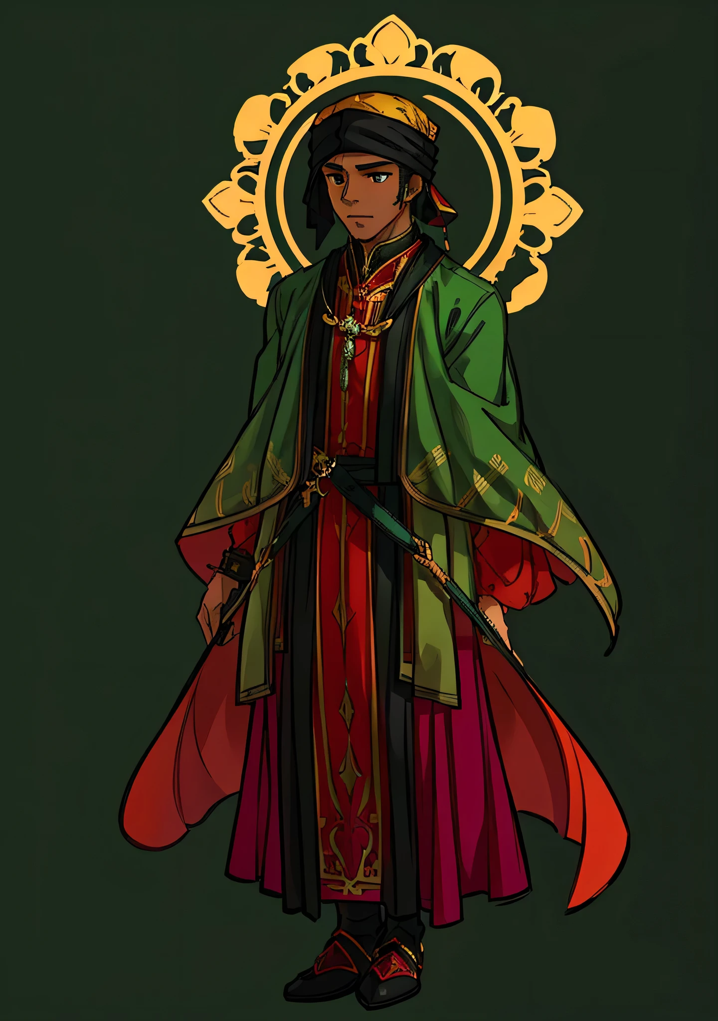 arafed image of a man in a red and green outfit, inspired by Rajmund Kanelba, new costume concept design, black turban, black skin, d & d style full body portrait, unrealistic character concept, full body character concept, full body concept, complex fantasy character, concept character, detailed full body concept art, character concept, full body dnd character portrait, detailed full body concept