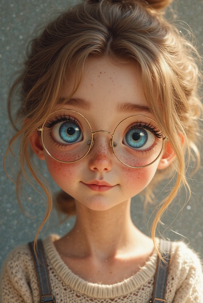 3 year old blonde child with glasses 3d cartonn bottle background, cgi geeky silver realistic --auto --s2