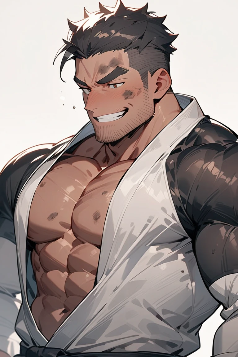 (masterpiece, best quality ), 1man, giant man, height of 7000 meters, extremely hyper mega muscular, short green and pink hair, brown eyes, intricate, () , full body, white army uniform, open green jacket, vivid colors,(depth of field:1.2),(abs),blush, looking at viewer, spread legs, shirt open, shirtless, visible pectorals, inflated muscles, 8 pack abs, giant, huge bulge standing up, cityscape