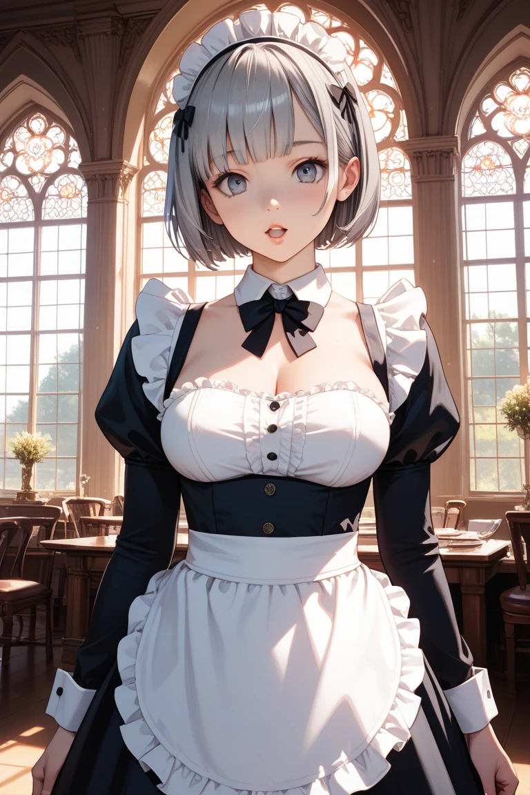 ((((masterpiece, best quality, high resolution)))), 1girl, white hair, purple eyes, short wavy hair, average breasts, blush, light smile, parted lips, glow, thighs, bare shoulders, collarbone, narrow waist, cleavage, (beautiful detailed face, beautiful detailed eyes), long slender thighs, perfect eyes, (maid apron, maid headband), (sunbeam, sunlight, rose, wind, cafe), nsfw, naked, breasts expose, angry
