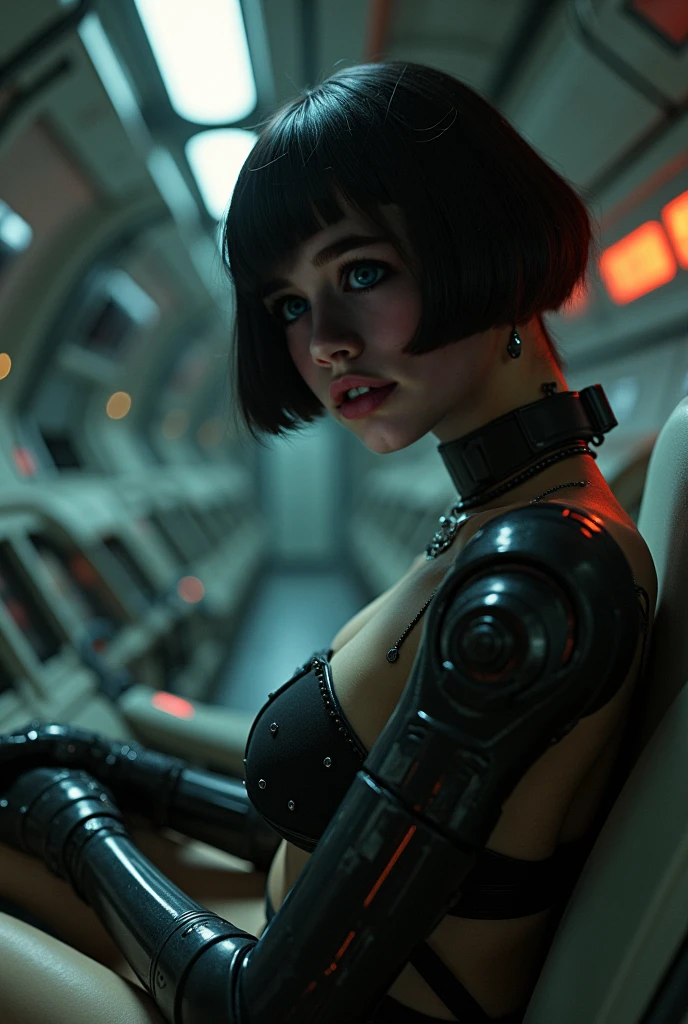 ((pale skin)), ((white skin)), Athletic, ((pale skin)), black hair, Millie Bobby Brown, wavy bob haircut, ((goth)), naked, six-pack abs, ((black lipstick)), pink nipples, sexy armor, cyberpunk, neon cityscape
