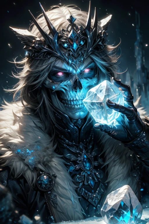 skeleton man, his (skull:1.2) is covered in icicles and frost, intricate carving, wearing a face mask, glowing eye sockets, wearing a frozen blue crown, (detailed background:1.3), backlighting, serious eyes, realism, masterpiece portrait, soft lighting, (large angle),masterpiece, best quality, intricate detail, absurdres,