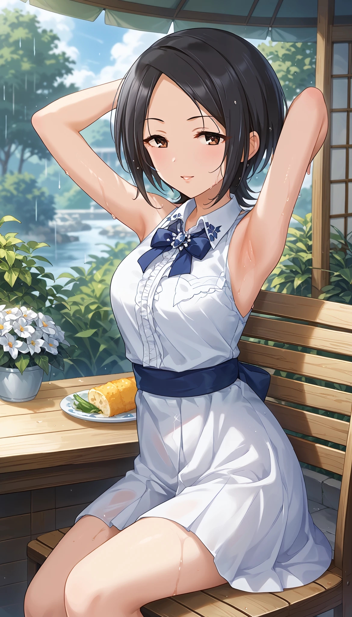 Tougou Ai、 light blue sleeveless shirt、white miniskirt、arm up pose、chair、 is embarrassing、rain、Outdoors、 wet body 、 Ulchan-6500-v1.1, ( RAW photos :1.2),  beautiful detailed , very detailed目、Brown Eyes 、 The file size is large, Hi-Res, very detailed, Highest quality, [masterpiece:1.6], Awareness-raising, very detailed, CG, finely, Highest quality, 8K wallpaper,  Perfect Body 、躍動感、very detailed、short hair、 black hair、Slim and beautiful thighs