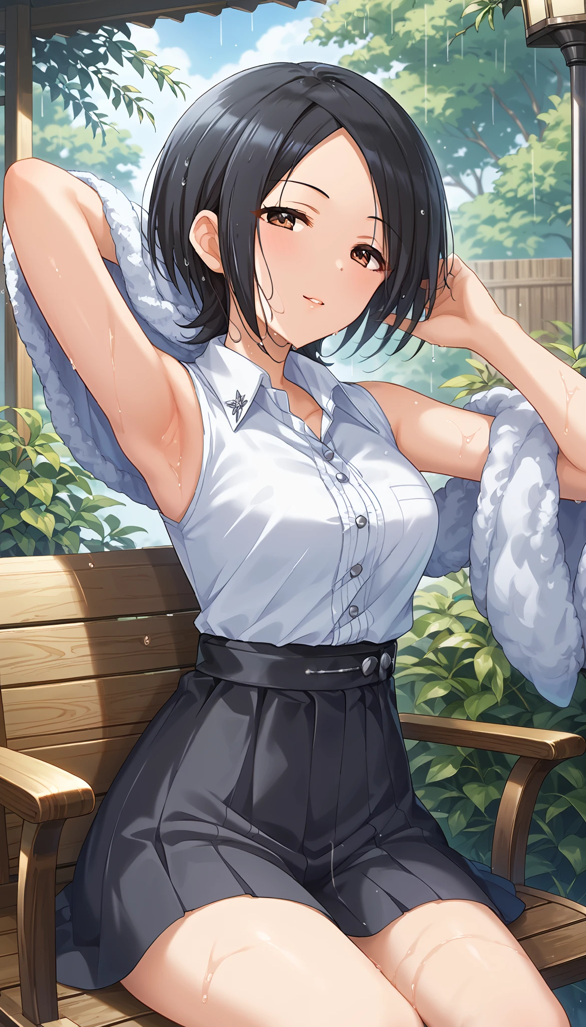 Tougou Ai、 light blue sleeveless shirt、white miniskirt、arm up pose、chair、 is embarrassing、rain、Outdoors、 wet body 、 Ulchan-6500-v1.1, ( RAW photos :1.2),  beautiful detailed , very detailed目、Brown Eyes 、 The file size is large, Hi-Res, very detailed, Highest quality, [masterpiece:1.6], Awareness-raising, very detailed, CG, finely, Highest quality, 8K wallpaper,  Perfect Body 、躍動感、very detailed、short hair、 black hair、Slim and beautiful thighs