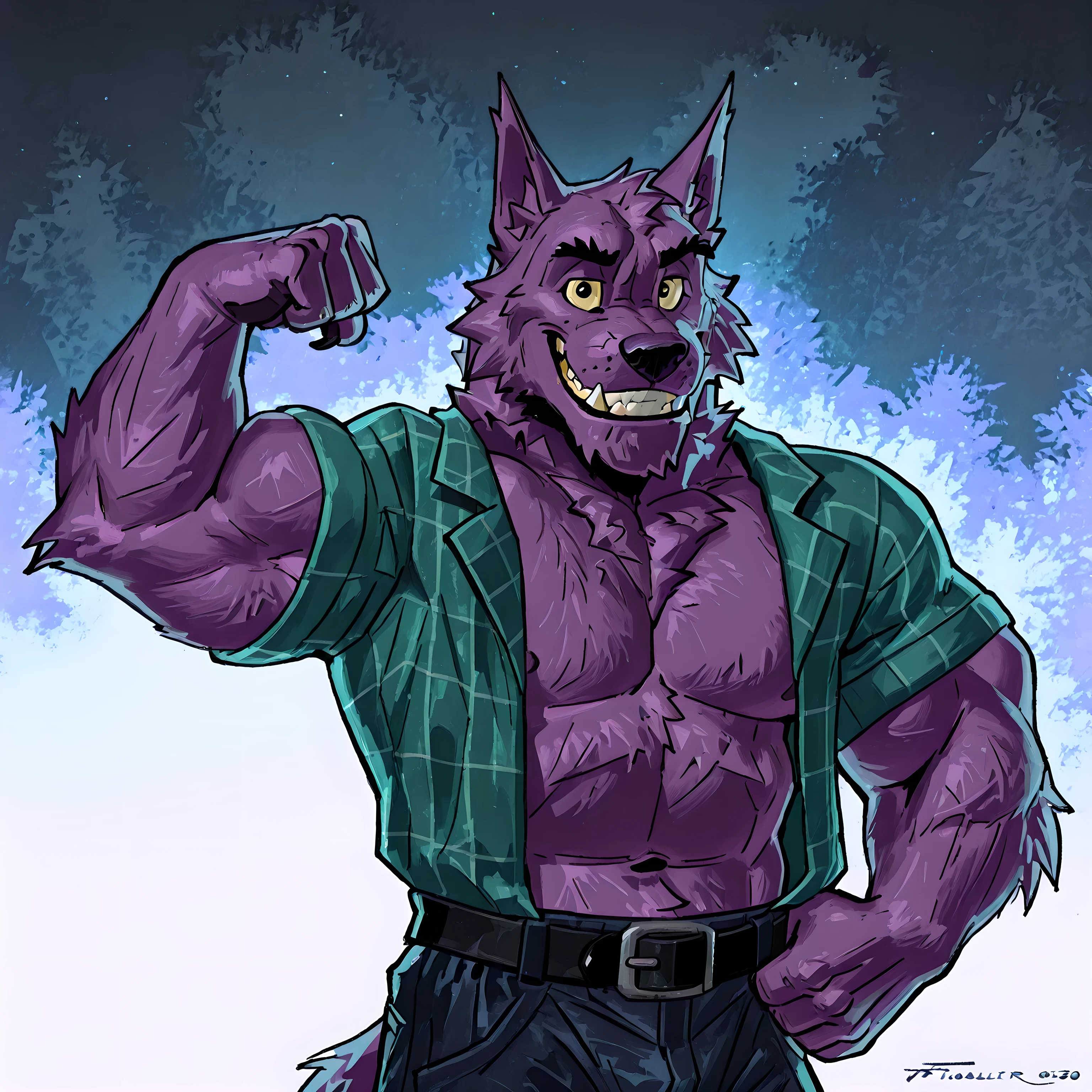 Bernard, Bernard_Mettle, werewolf, purple fur, yellow sclera, teal flannel shirt, furry chest, black belt, dark blue pants, open shirt, muscular, flexing, grin, proud, strong, night background, half body, t4r4nf1dd13r, front view, (bare biceps), looking at viewer