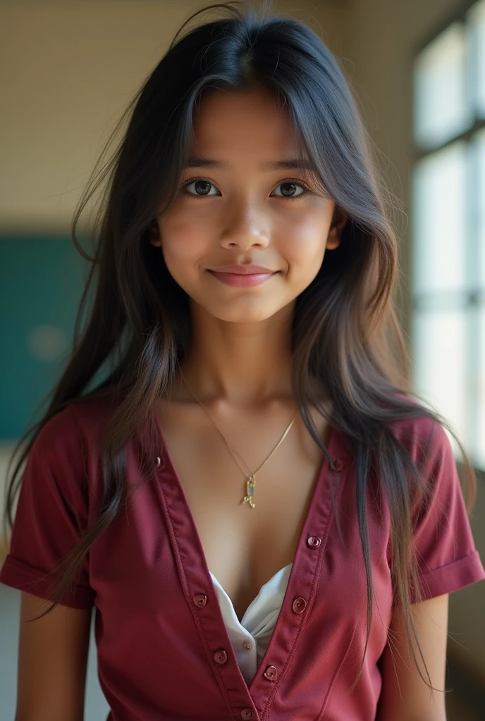 ((1 Thai Teenage Girl)), Beautiful teen, posing nude, looking at viewer, detailed skin, slim oval face, hyperrealistic, masterpiece, 32C breasts, hoop earrings, bright hazel eyes with luscious mascara and long eyelashes, long straight black hair, nice smile radiating innocence and charm, 5’ 7” tall, 8K, taken with a fuji medium format camera, in a classroom,