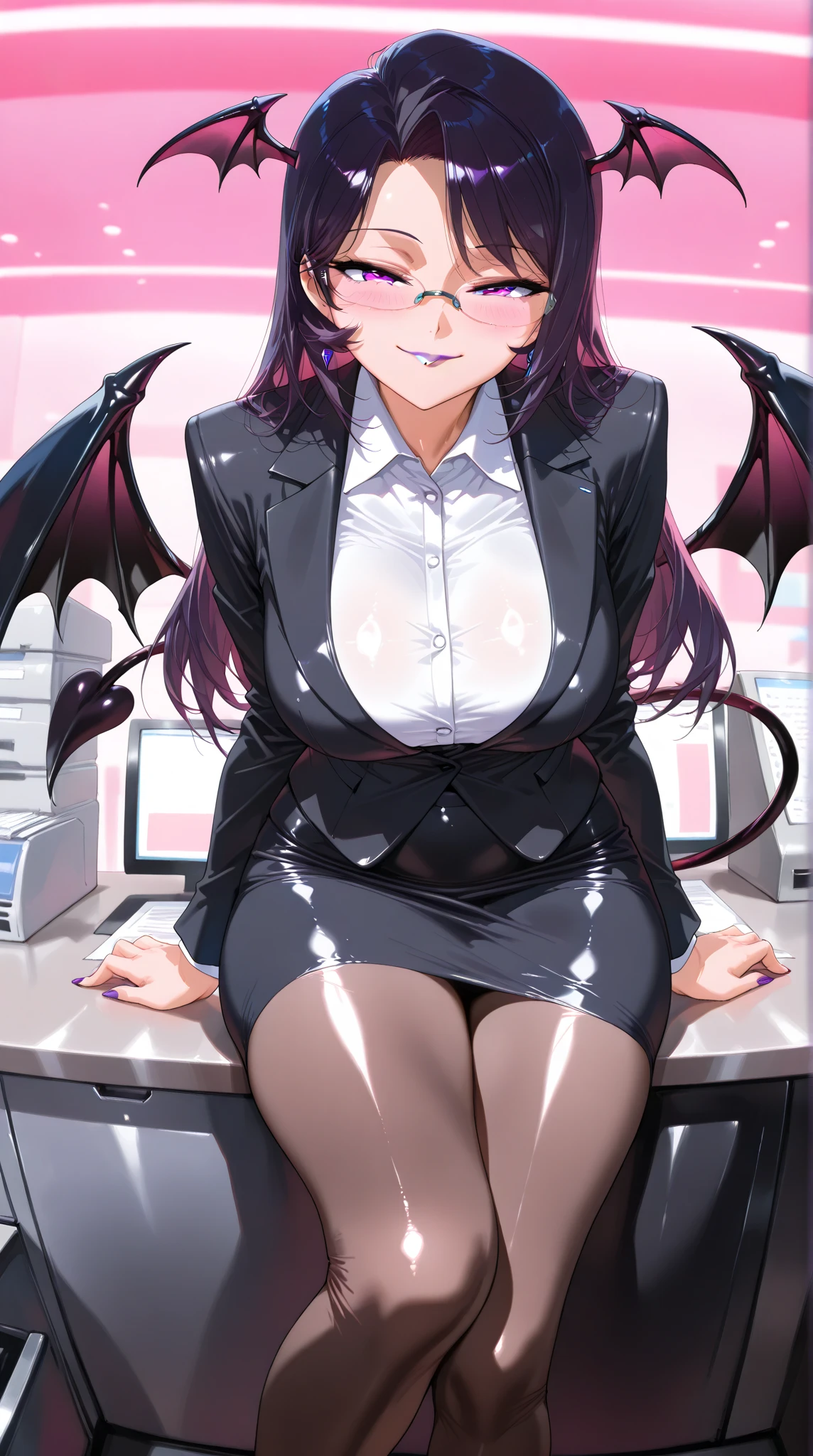 Masterpiece, best quality, expressive eyes, perfect face, 1girl, glasses, milf, large_breasts, officelady, office background, red eyes, demon, wings, monster girl, encyclopedia, Office Lady Shirt, Office skirt