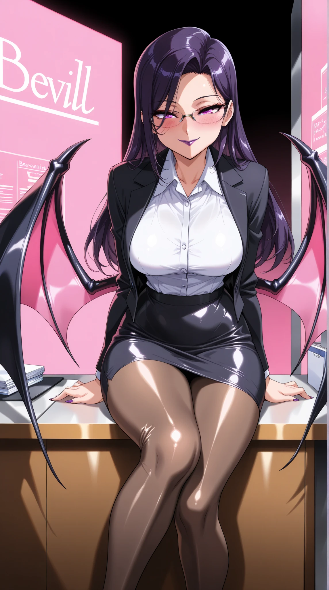 Juri Han, artwork, tight white secretary shirt with black tie, camisa apertada dentro da legging pants, Bblack hair,evil smile,DESK,bangs on the eyes,lighting,horn of hair,glowing purple eye,hands in pocket,legging pants