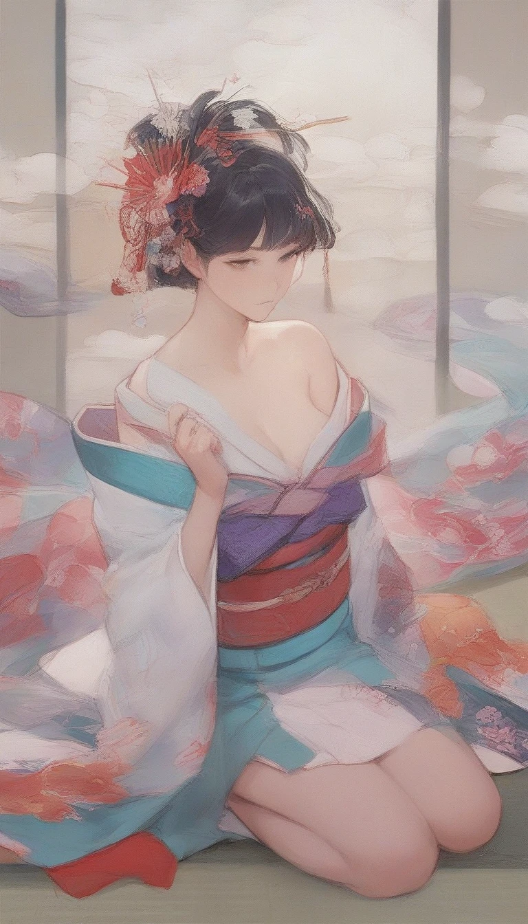 shuimobysim, a blonde girl in kimono, nsfw, kimono opened, cleavage, onsen, smiling, (ecchi:0.1), (bamboo:0.2), (lotus:0.7), wet, steam, clouds, <lora:moxin:0.85>
