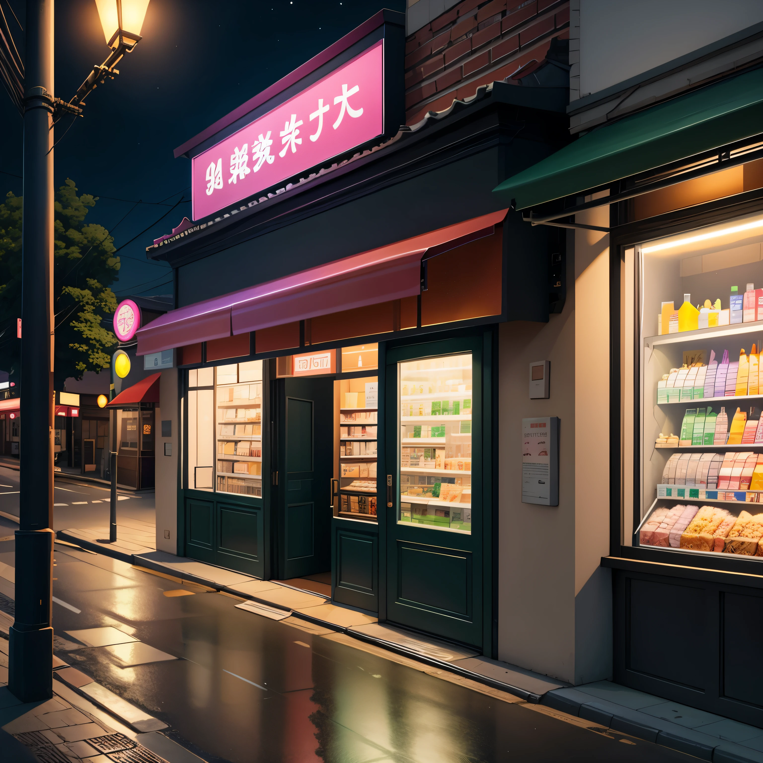 (masterpiece、need、Super delicate、high resolution),3D rendering, Convenience store on the road,moon,night,street lamp,Pink,green,glass texture、 Gradient translucent glass melt