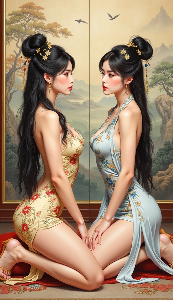 （best qualtiy），（solo person++），A woman in period costume，（（Kneeling pose，Point at you with your ass））mature，(Female captive+)，Flirtatious，cabelos preto e longos，hair-bun，huge tit，Fragrant shoulders，Bare legged，Jade foot，Barefoot，Barefoot，(binding)，(execute+)(Women cut off their heads)，(Decapitation ceremony)，anvil，jewelry，Normal posture