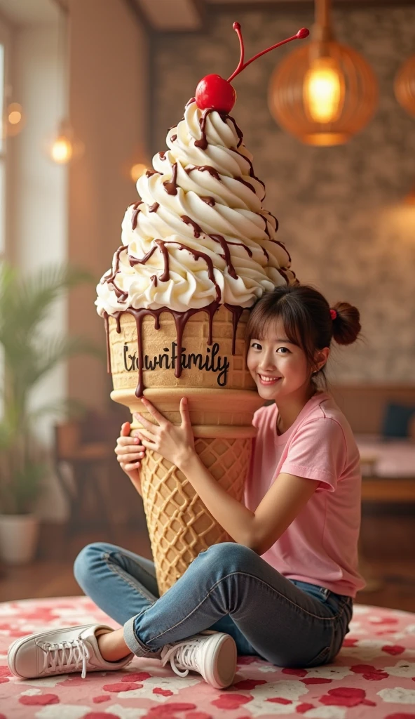 BLONDE CHILD GIRL with curly hair, um close up de um grupo de cones de sorvete com diferentes coberturas, casquinhas de sorvete, gelado, casquinha de sorvete, montanhas de sorvete, sorvete ao lado, comer sorvete - creme, em forma de cone, sorvete de morango, comer sorvete, Direction: David Garner, cone de waffle azul, cone heads, various colors, Mar de Parfait, em um fundo escuro
