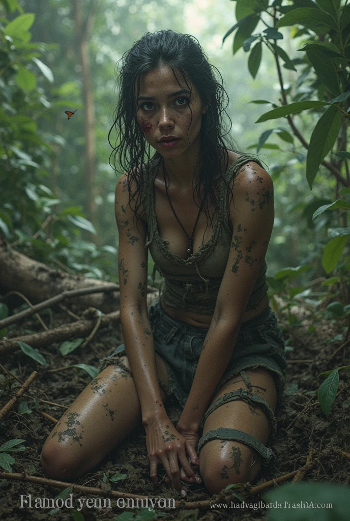(((Zoe Saldana))), (sitting on a stool and milking a goat in the forest), (small head), ((she wears clothes made of brown jute fabric that only hang in shreds from the body)), (((torn tube top made of jute fabric)), (((torn skirt made of jute fabric))), (((clothes made exclusively of jute and in tatters)), (photorealistic), (ray tracing), (cinema lighting), (sharp focus), natural and realistic skin textures, ((round breasts)), ((tousled hair)),  ((all the skin and clothes are very dirty))