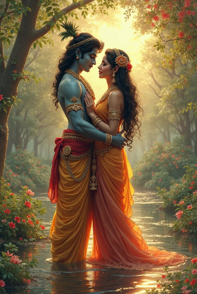 Radha is  lord  krishna men ,radha stand on krishnas thais  
pose . Hug pose , side by side
Long shot


,both clear faces back colur