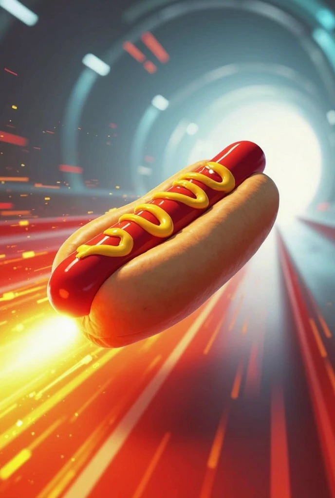 High-Speed Hot Dog
 • Mustard and ketchup hot dog, racing car leaving a trail of fire, like a.
 • The background is stylized as a track or tunnel, creating the effect of movement.