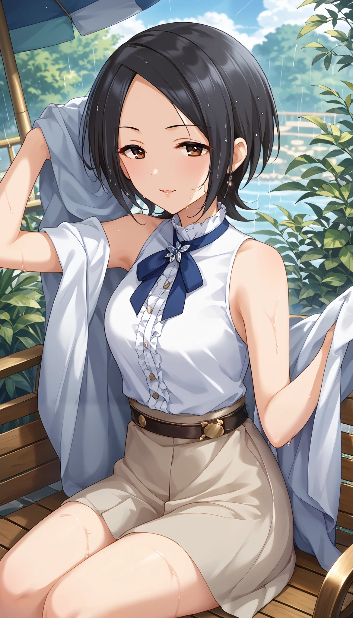 Tougou Ai、 light blue sleeveless shirt、white miniskirt、arm up pose、chair、 is embarrassing、rain、Outdoors、 wet body 、 Ulchan-6500-v1.1, ( RAW photos :1.2),  beautiful detailed , very detailed目、Brown Eyes 、 The file size is large, Hi-Res, very detailed, Highest quality, [masterpiece:1.6], Awareness-raising, very detailed, CG, finely, Highest quality, 8K wallpaper,  Perfect Body 、躍動感、very detailed、short hair、 black hair、Slim and beautiful thighs