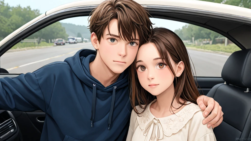 Girl and boy holding each other hands in car