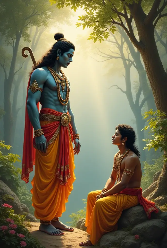 Lord Shiv Shankar (snake around neck, blue sarir, jatta on head), is sitting on top of a mountain, and is resting his hand on the shoulder of his elder son, it is a moonlit night, happy scene