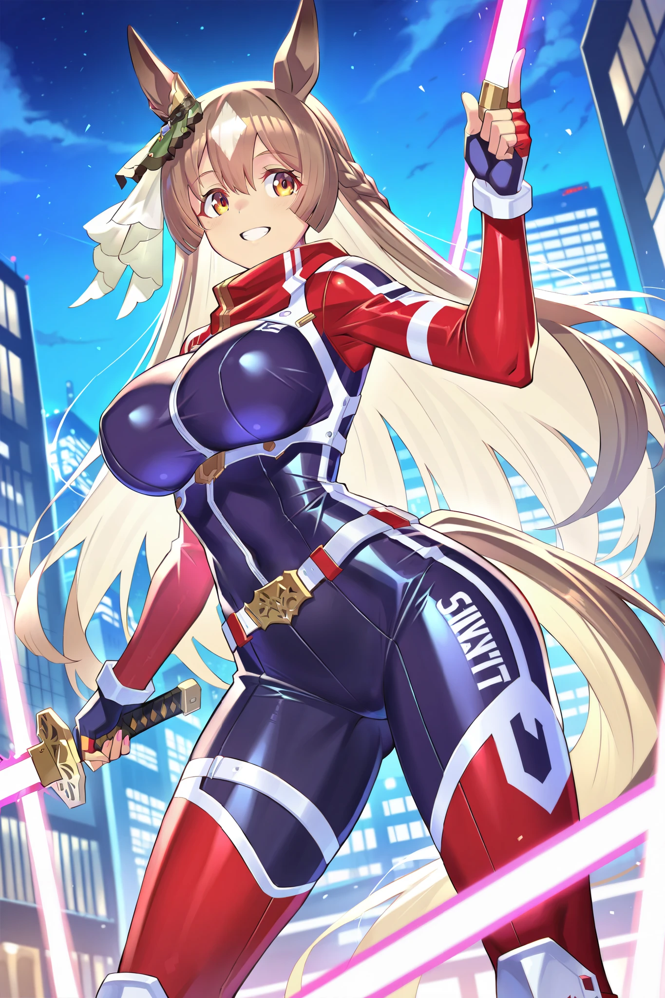 score 9, score 8 up, score 7 up, ultra-detailed, (best quality, masterpiece, ultra detailed, ultra high res, absurdres, high-resolution, highest quality, very aesthetic, textile shading), source anime, (detailed eyes), (detailed face), , , (takamine nadare), (satono diamond /(umamusume/)), night, building, cyber, ninja, bodysuit, smile, mask, alternate costume, laser blade, Sword, holding weapon,
