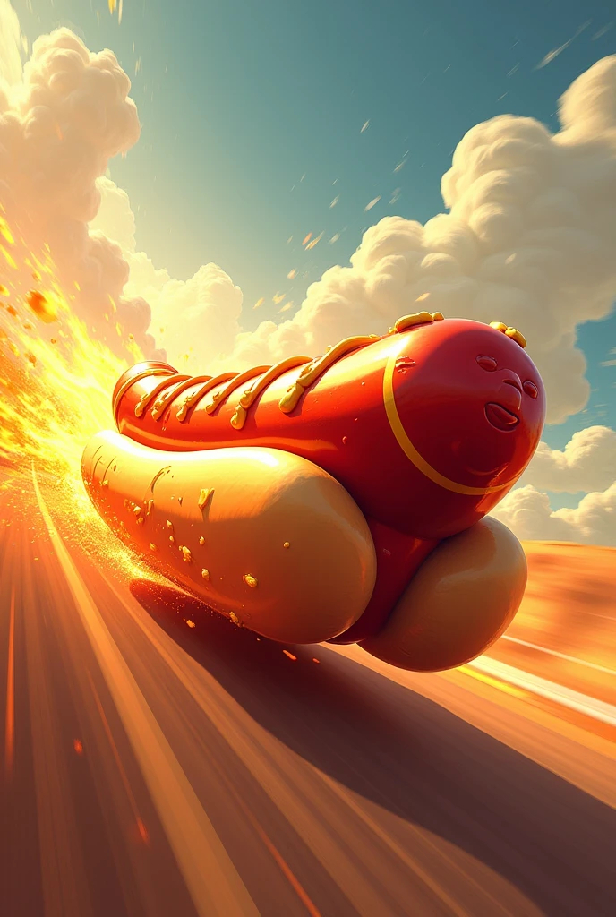 High-Speed Hot Dog
 • Mustard and ketchup hot dog, racing car leaving a trail of fire, like a..