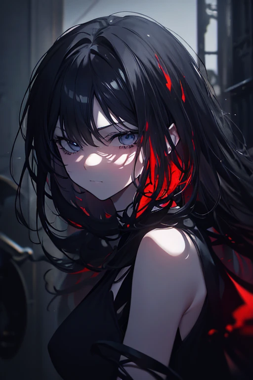 Vanessa_Colgurin, yandere, crazy eyes, crazy, crazy smile, masterpiece, 1girl, solo, solo focus, blood on face, blood, blood on clothes, nosebleed, psychopath, horror \(theme\), black hair, sleeveless, black sleeveless turtleneck, finger biting, messy hair, full body, blood from eyes, simple background, close-up, depressed,<lora:Vanessa_Colgurin-07:0.6>