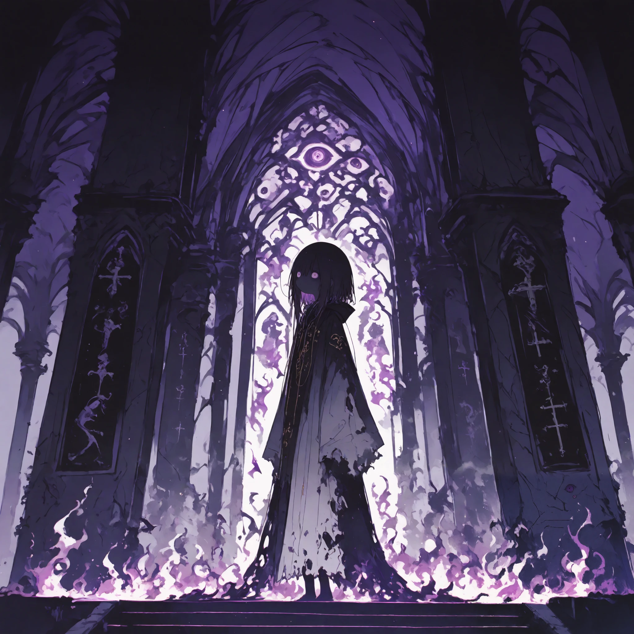 General,Komeshiro Kasu style, r17329_illu,usnr,hzk,(masterpiece, best quality, illustration, soft colors, ultra-detailed) A close-up of a sorrowful, purple-eyed demon standing at the center of a dark, fog-covered altar. They are dressed in torn, ceremonial robes, surrounded by symbols of an ancient religion. The night sky is shrouded in thick mist, illuminated only by the faint glow of purple flames. The figure’s expression reflects the pain of betrayal and persecution, as the symbols around them signify a dark prophecy.