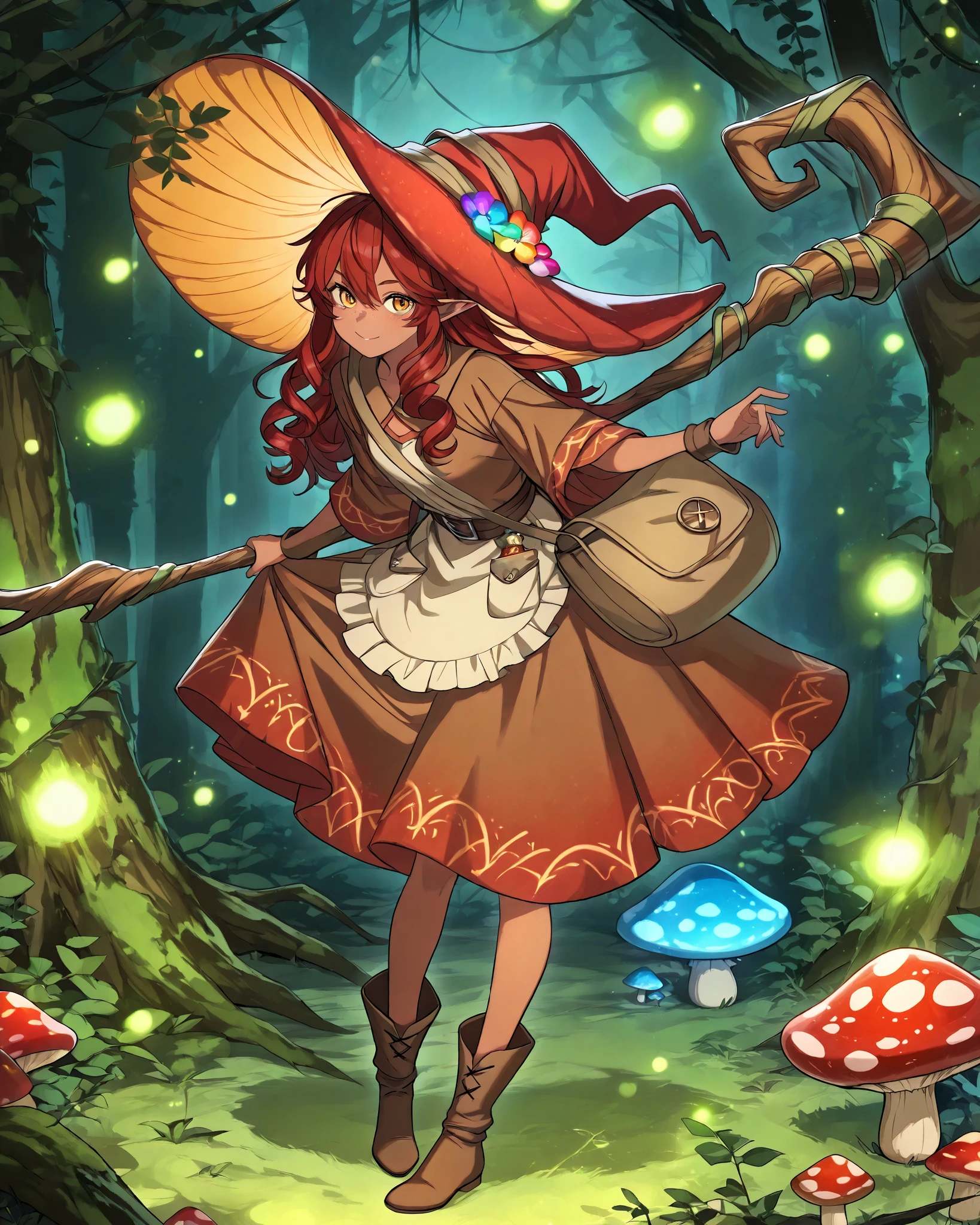 a Fungi Witch with tanned dark skin covered with freckles. Long pointy-ears. She has yellow-amber eyes. She has long to her feet loose fiery-red wavy hairstyle. Per witch dressing set: She wears swampy-green medieval dress and an apron with two pockets. she wearing a potion belt,with oakwood-acorn pendants. There is a bag over her shoulder with healing herbs sticking out of it. She has brown pointy-toed witch boots. She wears a red fly Agaric hat on her head. In her hand she holds a staff in the shape of a tree branch overgrown with moss. she slowly walking in the mushroom grove where big mushroom-trees grow everywhere around the blooming swamp, fireflies are flying in the air. Multicolored flowers and mushrooms wich growing around have bioluminescence.