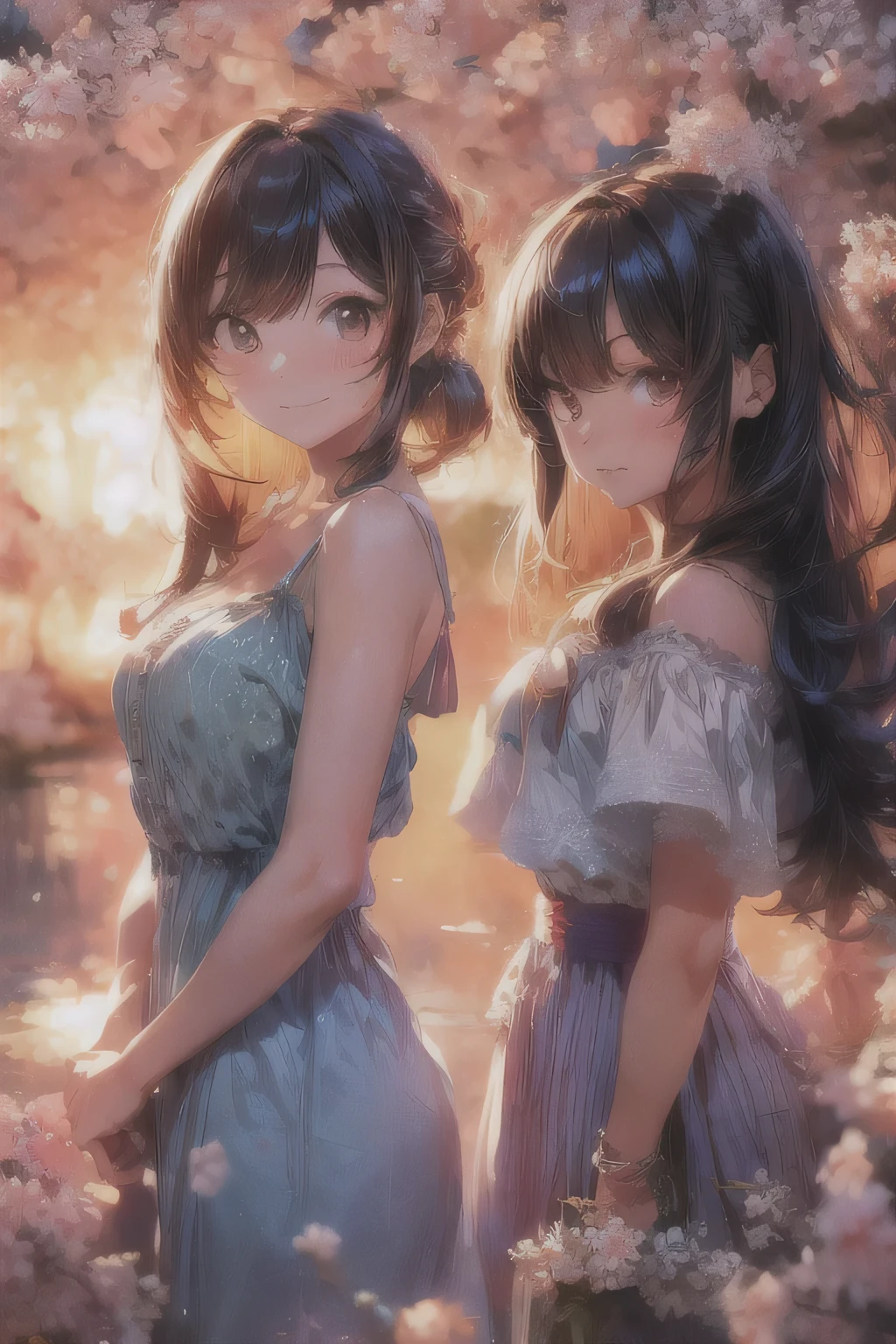 cute anime girls twins, high quality, detailed, photorealistic, intricate, 8K, masterpiece, ultra-detailed, sharp focus,physically-based rendering,professional,vibrant colors,soft lighting,cinematic,portrait,digital art,illustration,twins,anime style,cute girls,smiling,happy expression,long hair,colorful hair,elegant dresses,standing together,beautiful scenery,cherry blossom trees,sakura petals,golden hour lighting,warm color palette