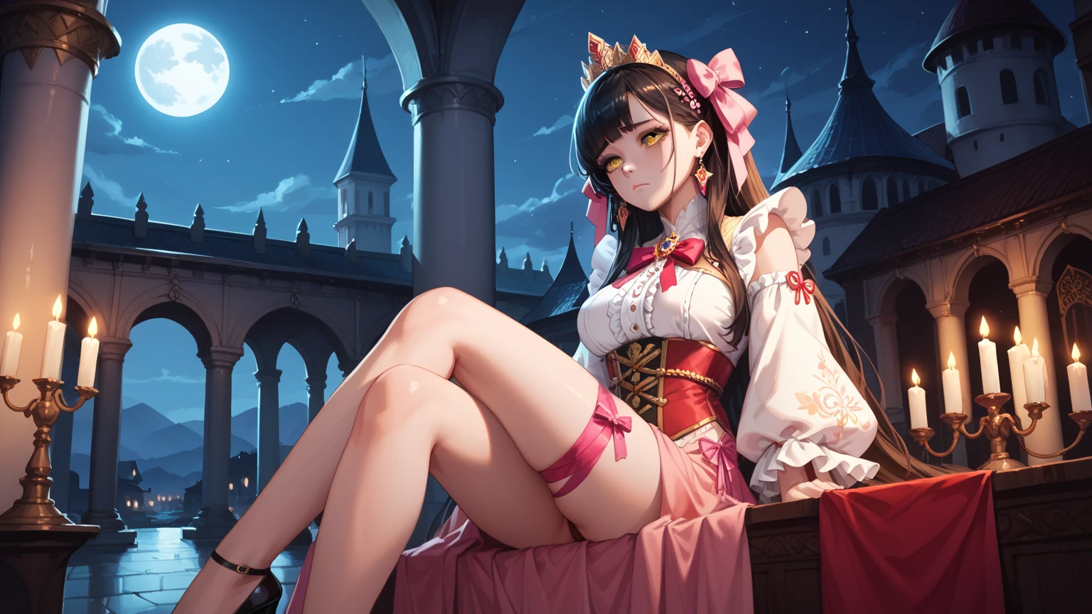 A close-up of a queen sitting on the throne with a pair of feet, straddling down to you, anime girl sitting, beautiful anime girl sitting down, smiling expression, kavasi, holding a wine glass, running water on her legs, fine details, foot details, wearing pantyhose, detailed legs looming over you --auto