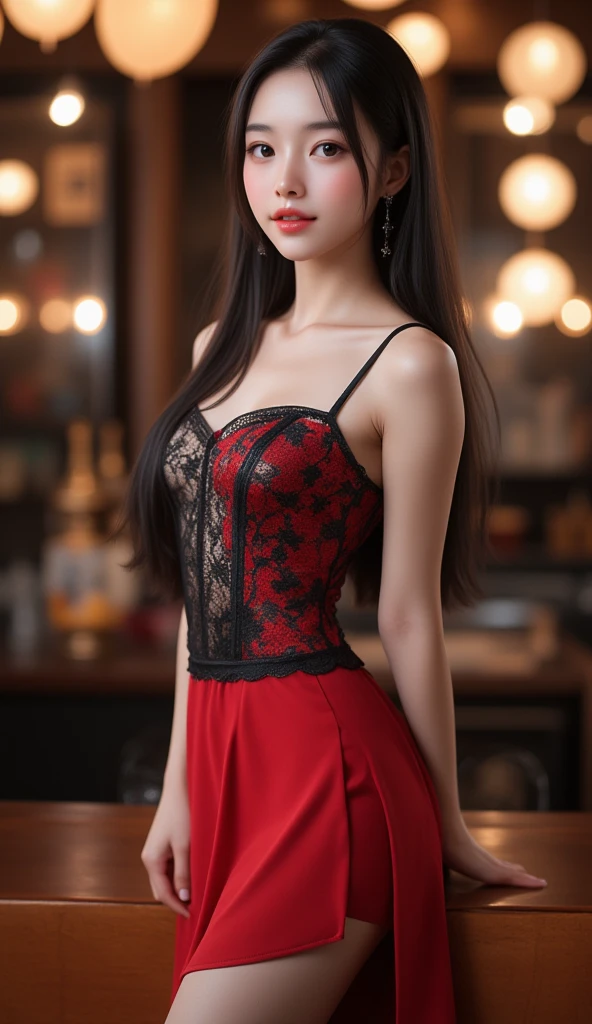 (masterpiece, RAW, 32K, UHD, hyper realistic, best quality), (Knee up view), 18-year-old European and American beauty,Detailed face, Messy long hair,Wet hair。A shy flushed face,Smooth face,Green,Sweaty face,Gloss。Off-shoulder black camisole lace bra。Navel,perfect waist。Red lace skirt。Kneeling on the bed。Beautiful wallpaper, Gentleman's Favorite。Dim background,Detailed skin description,Real skin texture,photograph,