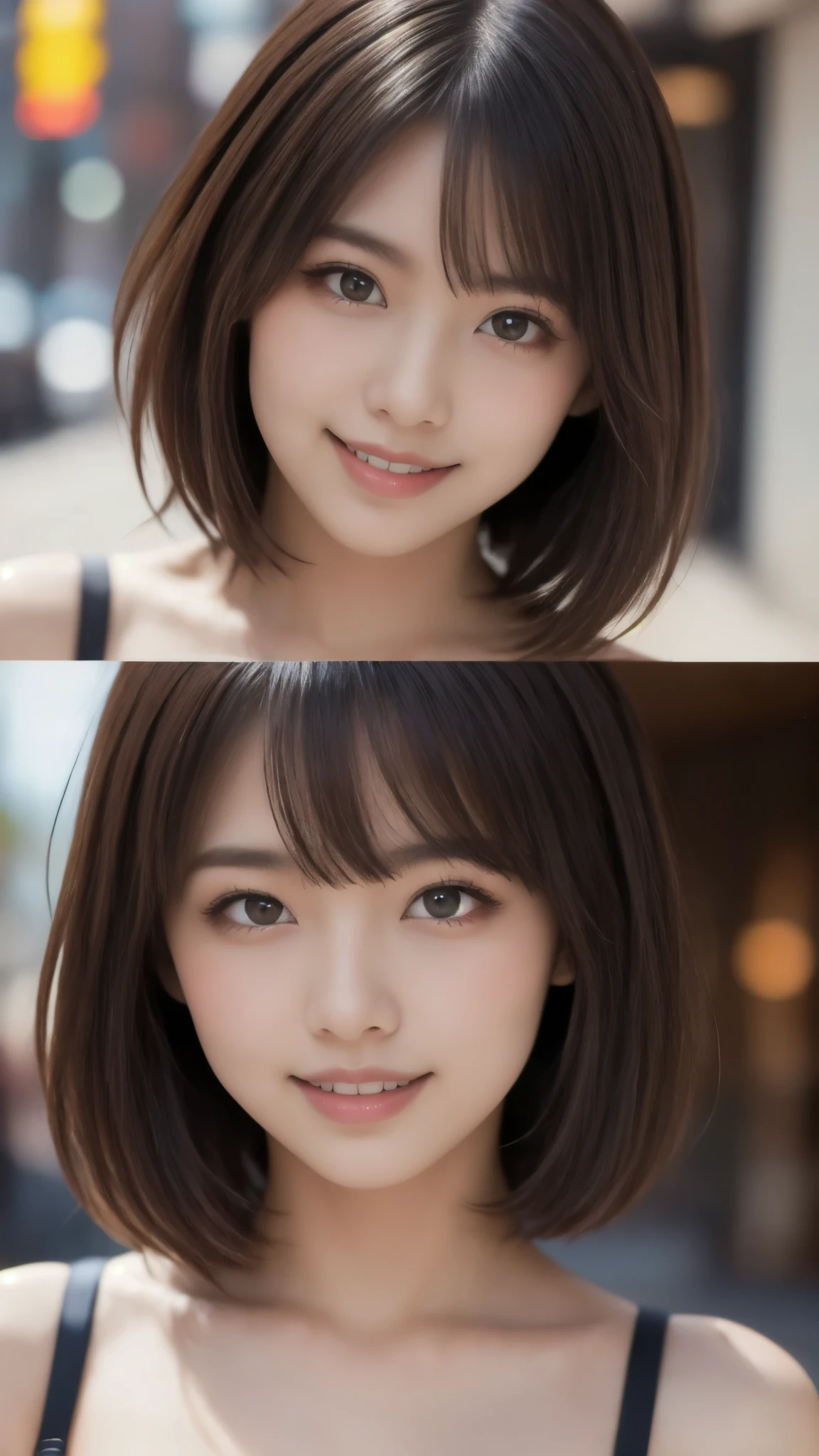 masutepiece, Best Quality, Illustration, Ultra-detailed, finely detail, hight resolution, 8K Wallpaper, Perfect dynamic composition, Beautiful detailed eyes,Short bob hair,Small breasts natural color lip, Bold sexy poses,Smile,Shibuya、20 years girl、Cute、Subject looking at sexy pose on camera,Gravure Model Pose