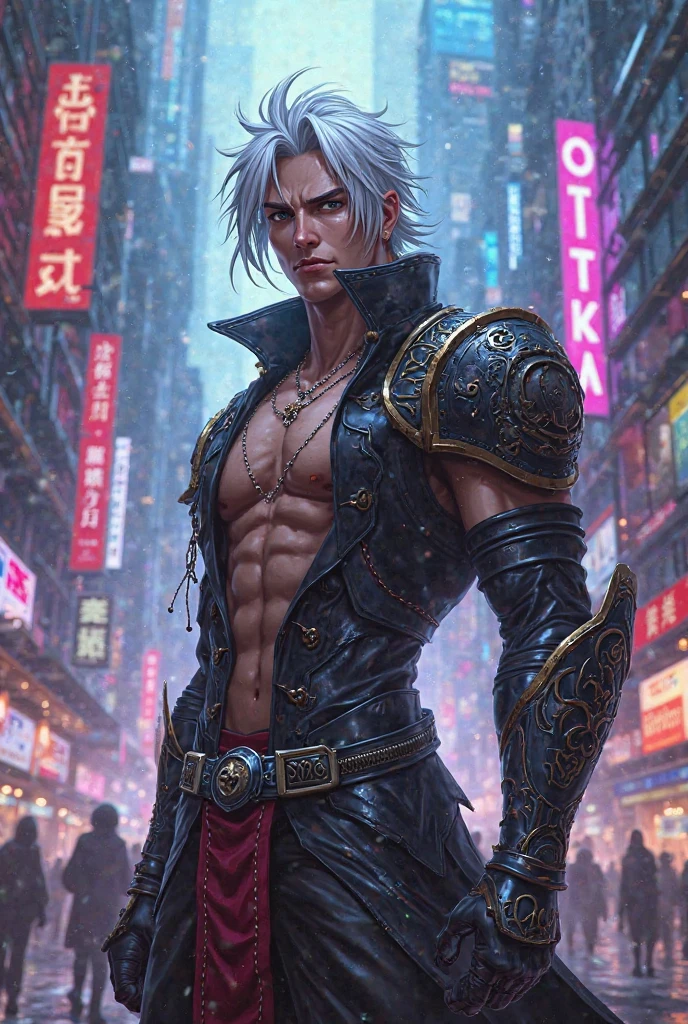 Photorealism, male, White hair, Red eye, cyberpunk, Dragon cyberware, full body
