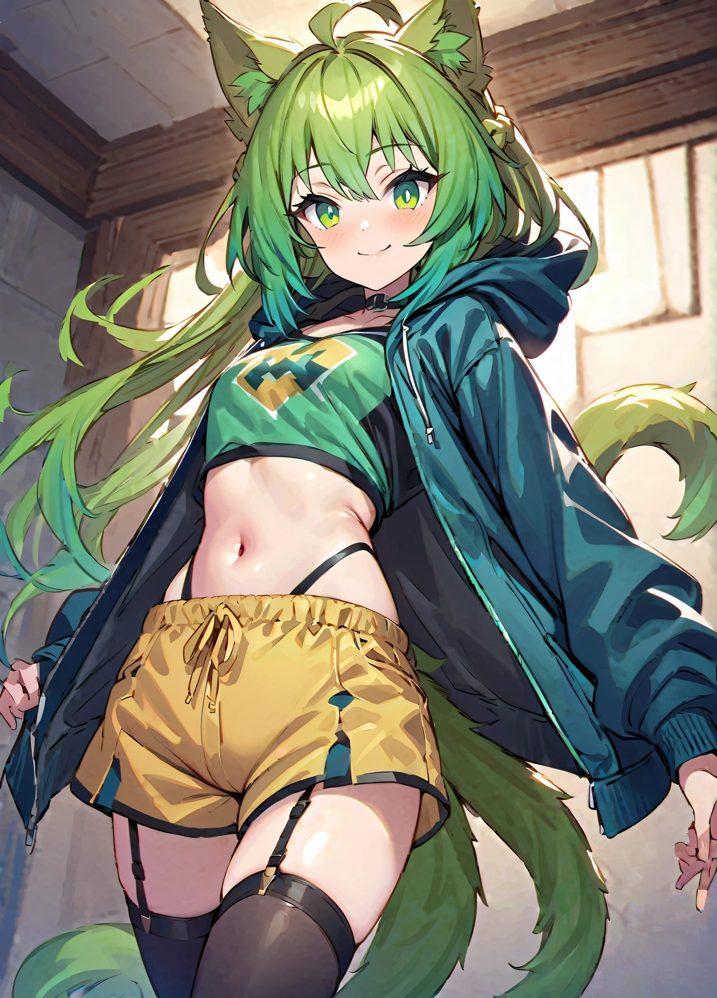 masterpiece,natsuiro matsuri,1girl,white skirt,orange jacket,black camisole with light green ribbon,green hair ribbon,open shoulder,navel,ahoge,brown hair,green eyes,side ponytail,small breasts,flat chest,evil smile,holo live, bottomless, masturbation