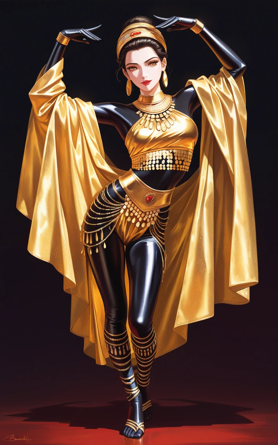 best quality,ultra-detailed,realistic,Pharaoh Nefertiti, Cleopatra, Egyptian landscape, golden sands, intricate hieroglyphics, ancient temples, vibrant colors, dramatic lighting, regal costumes, exquisite jewelry, intricate headdresses, monumental statues