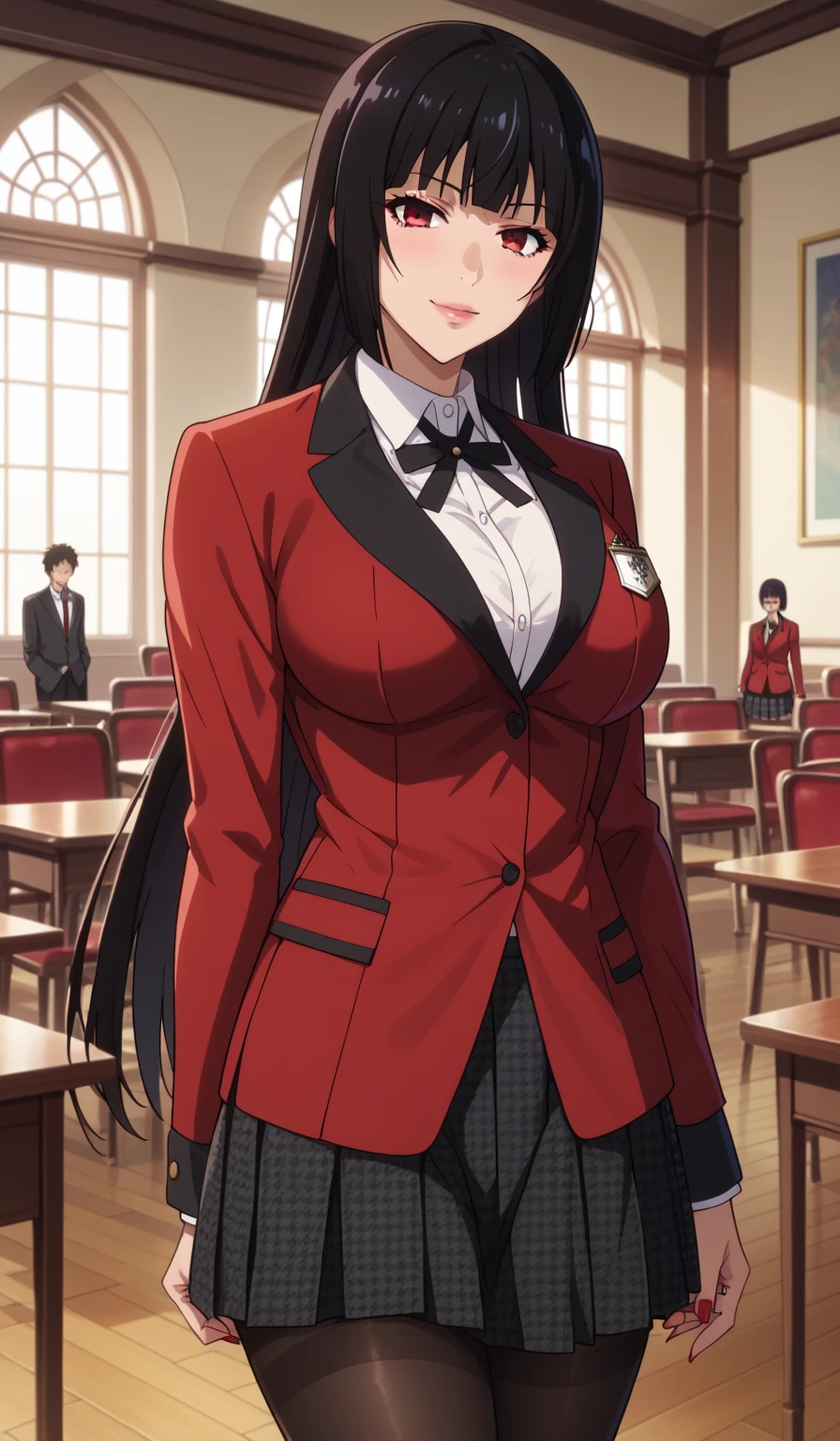 (8K, highest quality, table top:1.4), (intricate details:1.3), (realistic), (super detailed), 1 girl, alone, (married woman、40 generations)、Beautiful woman、mature woman, (Sensual smile:1.35), Front view, (leaning forward:1.2), show cleavage, looking at the viewer, tropical resort, detailed long hair, (fluffy long black hair), fine eyes, hourglass body shape, (Sensual curvy body:1.1), (small breasts), thick thighs, wide hips, small waist、(red uniform),(sexy sailor suit ),(pleated mini skirt)、realistic lighting, natural soft light, dynamic lighting, red eyes,