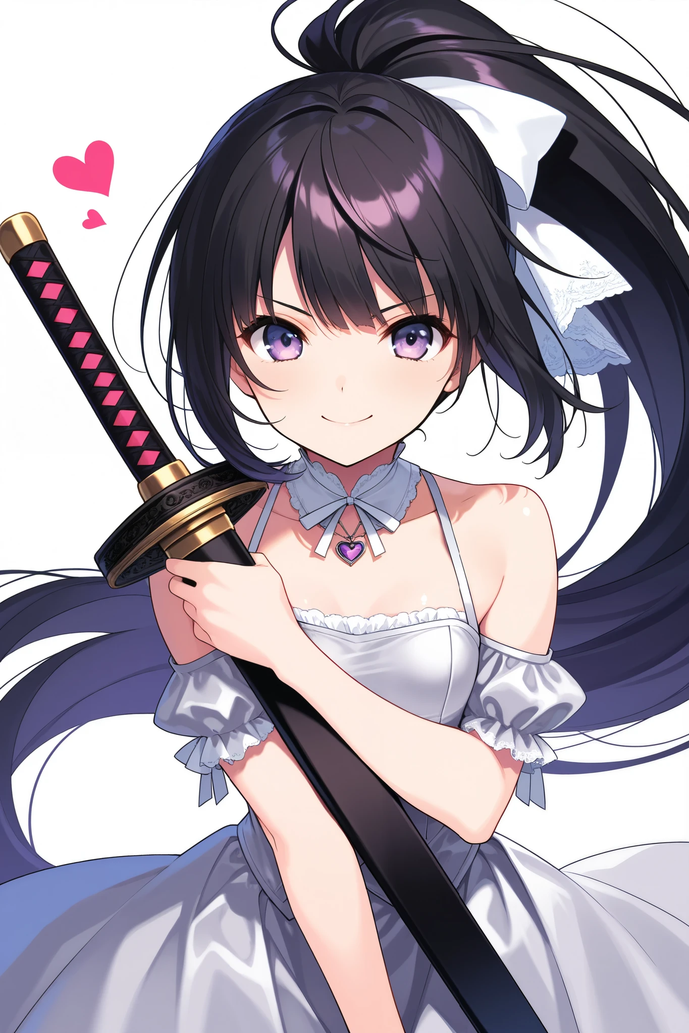 (One lady)、(​masterpiece)、(best qualtiy)、(ultra-detailliert)、(a high chroma)、(CG Illustration)、highcontrast、low angles、urusei yatsura、Ram-chan、red blush、[Demon horn:-1.3]、(Fine and beautiful eyes)、Delicate beautiful face、Ram hairstyle、((dishevled hair))、(( translucent prom dresses))、See-through shirt、(Black stockings)、(B cup breasts)、teats 、The best lighting、Float inside、Holding a Japan sword、simple background